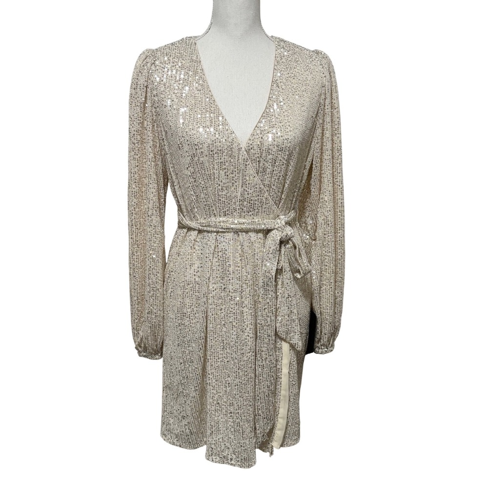 Lulus-NWT - Size L - Champagne Sequin Wrap Mini Dress Long Sleeve Gold‎ V-Neck